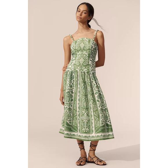 NEW NWTFarm Rio Delicate Tapestry Green Linen Drop-Waist Midi Dress Size M